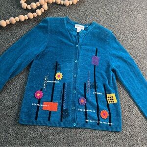 ALFRED DUNNER Turquoise Aqua Embroidered Floral Doodle Blue Knit Cardigan Sweate